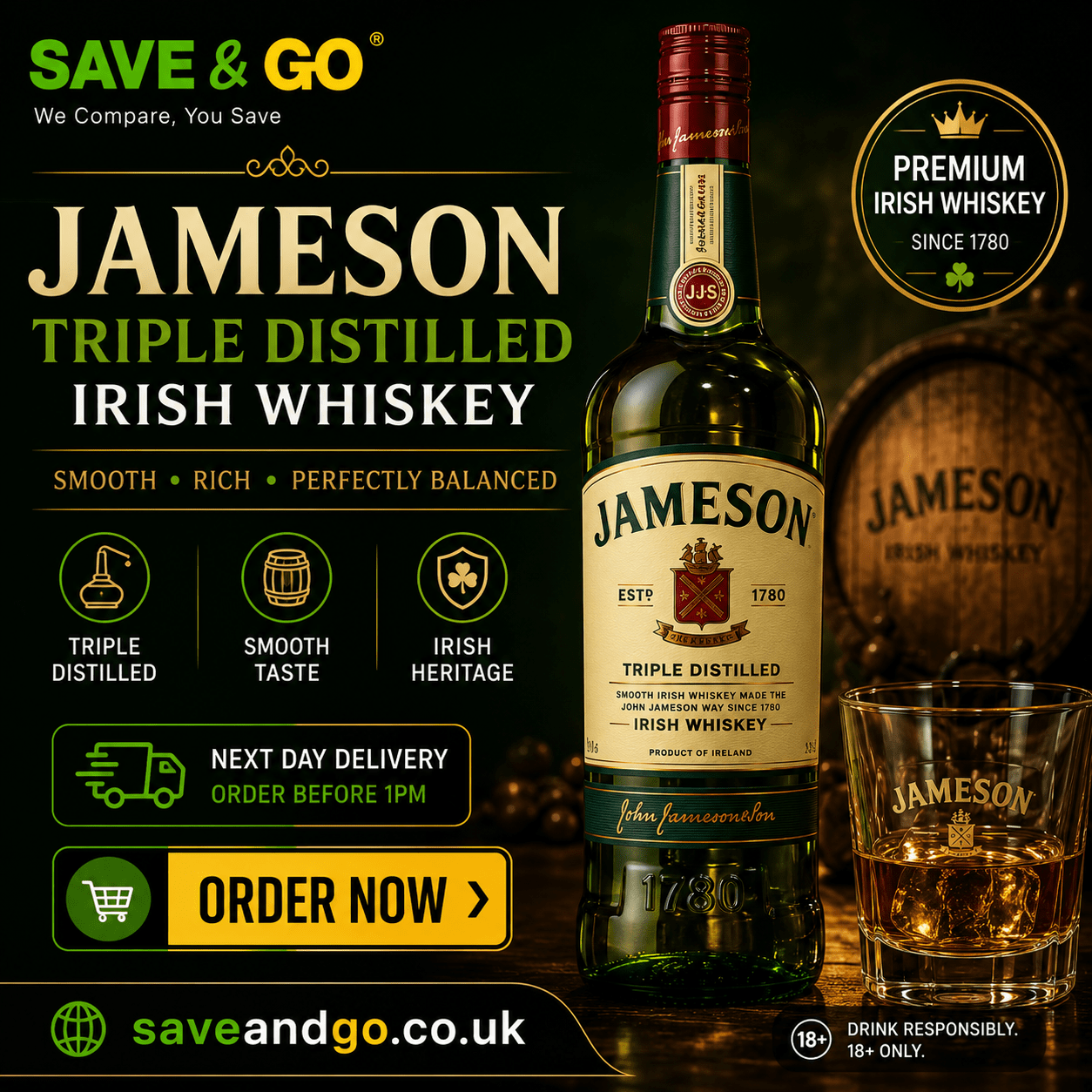 Jameson Triple Distilled Irish Whiskey 1L | saveandgo
