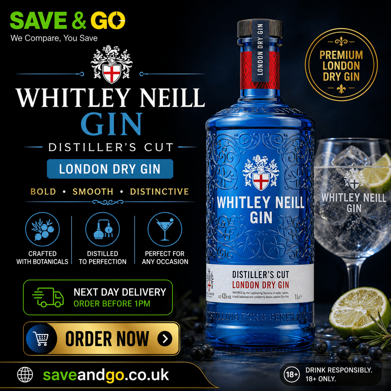 Whitley Neill Distiller’s Cut Gin 1 Litre | London Dry Gin 43% ABV | saveandgo