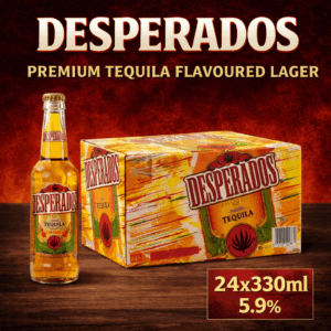 Buy Desperados Tequila Flavoured Lager 5.9% 24 x 330ml cans online at Save & Go. Refreshing tequila beer with fast UK delivery.