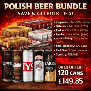 Buy Polish Beer Mixed Pack 5x24x500ml online at Save & Go. Bulk deal including Karpackie, Debowe, Tyskie, Zywiec and Warka Strong with fast UK delivery.